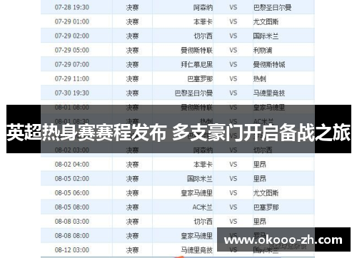 英超热身赛赛程发布 多支豪门开启备战之旅